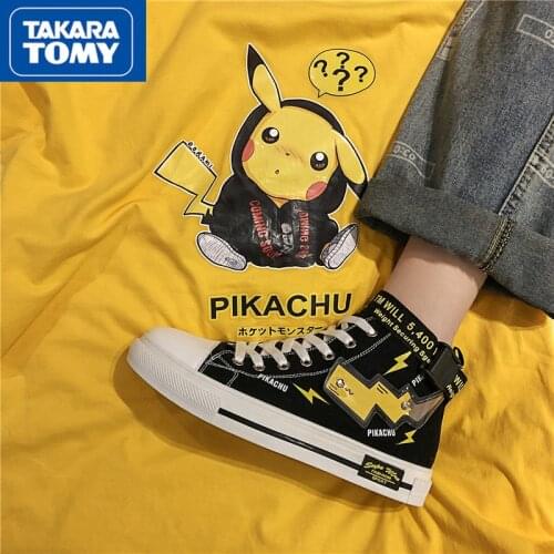 TAKARA TOMY Pokemon Pikachu Anime Mens Casual Shoes Couple High-top Canvas Shoes Mens Canvas Sneakers
