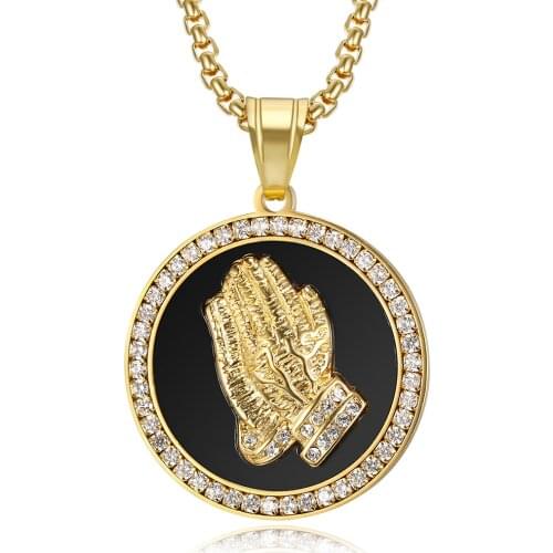 Hip Hop Praying Hands Pendant & Chains for Men Gold Color Stainless Steel Iced Out Round Necklace Christian Jewelry Dropshipping
