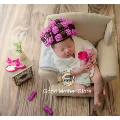 Perm rods cap+electric hair drier+comb+mirror+lipstick+slipper set & tea set newborn photography prop