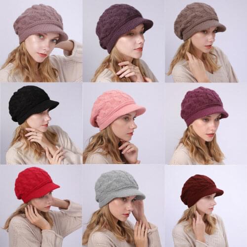 Popular Woman Peaked Cap Woolen Hat Knit Winter Brushed Warmth Cap 10 Colours winter hats for women