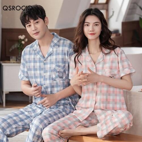 QSROCIO Womens Pajamas Set Summer 100% Cotton Plaid Sleepwear Couple Nightwear Cute Animal Pattern Male Home Suit for Men