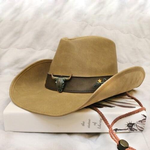 Unisex Women Men Retro Bull Head Totem Band PU Leather Roll Up Wide Brim Sombrero Sun Cap Beach Cowboy Cowgirl Western Hat (58cm