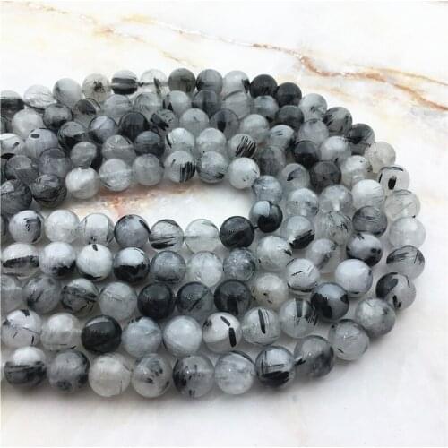 High Quality Natural Gray Rutilated Quartz Beads Stone 6 8 10mm Round Smooth Hair Crystal Stone Gem Bead For DIY Jewelry Making