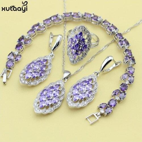 XUTAAYI Silver colorcolor Jewelry Sets Purple Cubic Zirconia White Crystal Pendant/Necklace Chain/Rings/Earrings/Bracelet