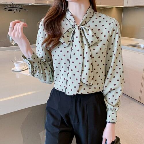 2021 Autumn New Elegant Polka Dot Chiffon Shirt Women Bow Fashion Long Sleeve Loose Top Blouse Casual Clothes Blusas Mujer 16649