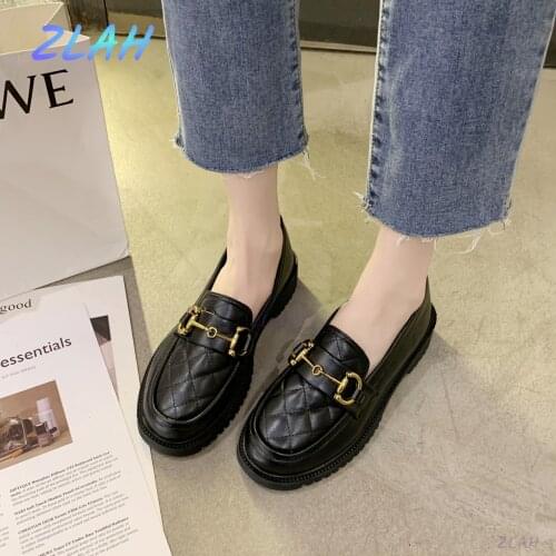 Womens High-quality Leather Flat Shoes Zlah Womens Loafers Womens Thick-soled Shoes Fashion All-match Womens Shoes