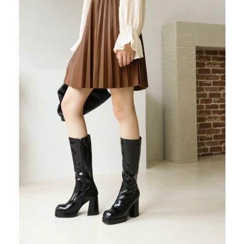 Thick High-Heeled Leather Knee-Length Boots Square Toe Tapered Heel Short Plush Platform Womens Patent Leather Boots 2021
