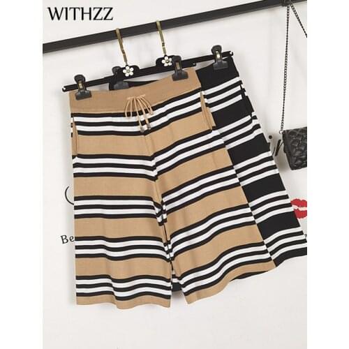 WITHZZ Summer Women Straight Striped Knit High Waist Female Loose Casual Shorts