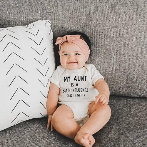 2021 Summer Baby Rompers My Aunt Is A Bad Influence Letter Print Baby Boy Girl Onesie Cotton Toddler Romper Jumpsuit