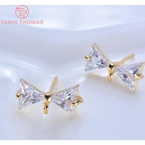 6PCS 12x6MM 24K Gold Color Brass with White Zircon Bow Stud Earrings High Quality Diy Jewelry Findings Accessories