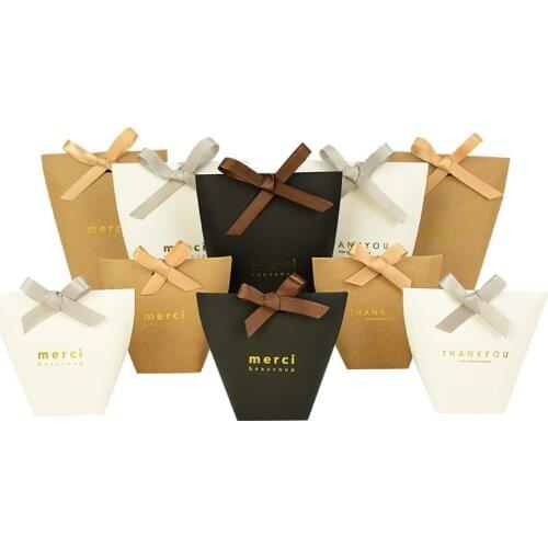 5pcs Black White Kraft Paper Box Bronzing Thank You Merci Print Candy Gift Bags With Ribbon Wedding Birthday Party Favors Boxes