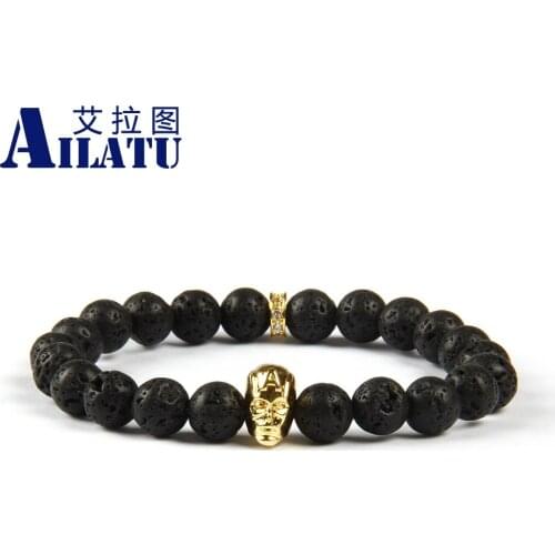 Ailatu Mens Jewelry 10pcs/lot 8mm Lava Rock Stone Beads with Brass Captain America Beaded Elastic Bracelets