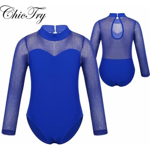 Girls Ballet Leotard Shiny Tulle Long Sleeves Mock Neck Sweetheart Chest Keyhole Back Ballet Dance Gymnastics Leotard Jumpsuit