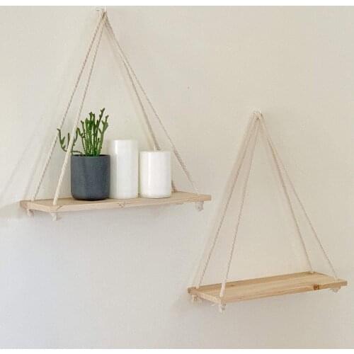 D2 Wooden Rope Swing Wall Hanging Plant Flower Pot Tray Mounted Floating Wall Shelves Nordic Home Decoration More Simple Design