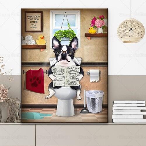 Boston Terrier Toilet Poster Prints Dog Reading Newspaper Vintage Canvas Painting Animal Wall Art for Bathroom Home Decor