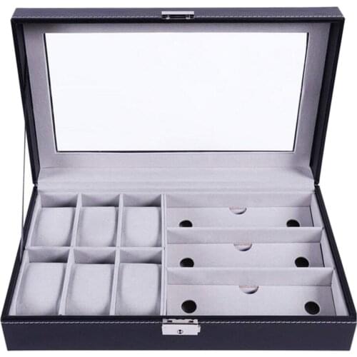 PU Leather Watch Bangle Display Case Sunglasses Box Organizer with Glass Top