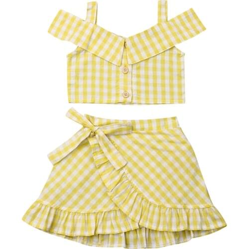 Girls Clothing Sets New Summer Sleeveless Plaid Ruffle Tops+Skirt 2Pcs for Kids Clothing Sets Baby Clothes Outfits
