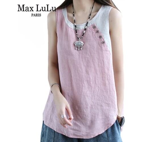 Max LuLu 2021 Summer Design Style Clothes Women Pink Casual Tank Ladies Cotton Linen T-shirts Girl Buttons Vintage Tops Big Size