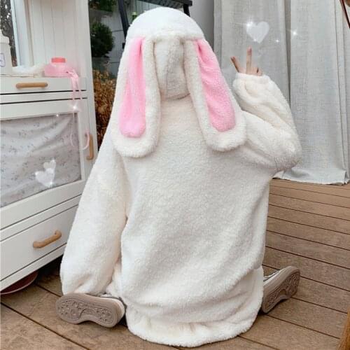 Kawaii Rabbit Ears Hooded Coats Japanese Korean Girl Warm Women Jacket Fall Winter New Sweet Soft Lambswool Ruffles Parkas White