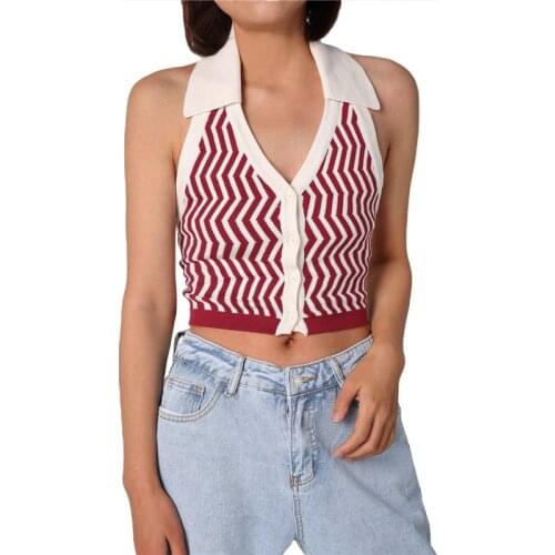 Fashion Knit Halter Crop Tops Women Vintage Striped Summer Beach Tanks Tops Street Fashion Girls Sexy Tee Shirts