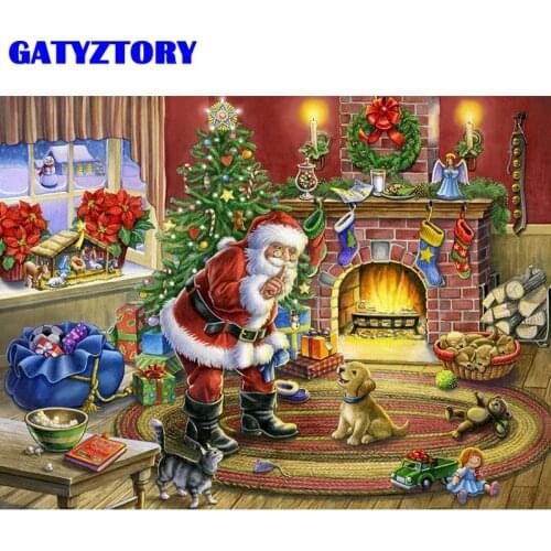GATYZTORY Santa Claus And Dog Landscape Painting By Numbers For Kids Diy Framed Paints Kits Christmas Gift Acrylic Drawing Canva