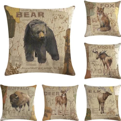 45x45cm Animal Cotton linen Cushion Cover Bear Pillowcase Wolf Owl Fox Moose Deer Elk Vintage Throw Pillow Cover