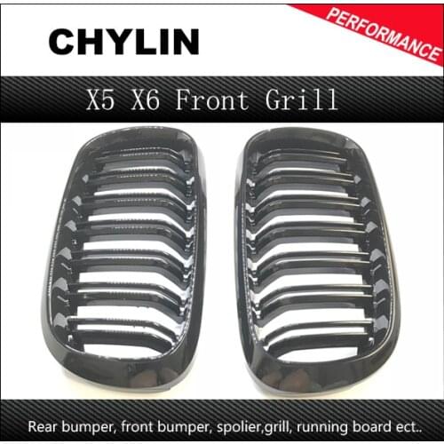 2PCS X5 X6 ABS Framed Dual Slat Grill Front Kidney Grille Fit for BMW F15 F16 Bumper with M Emblem Gloss Black 2015 2016
