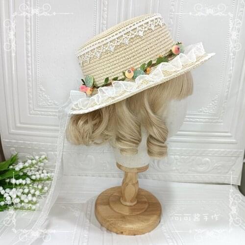 Original Handmade Lolita Straw Hat Fruit Berry Lace Bow Japanese Girl Ancient Style Pastoral Sun Hat
