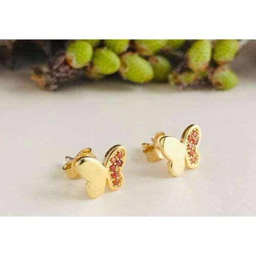 925 sterling Silver gold plated stud earrings Butterfly Red zirconia gift for kids Kids jewelry cute elegant style