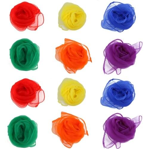 In Stock!12pcs 60*60cm Juggling Cloths Gymnastic Towels Dancing Silk Scarves Red Yellow Orange Blue Purple Green Scarves A35