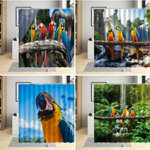 Parrot Shower Curtain Waterfall Colorful Bird Green Plants Scenery Pattern Bathroom Decor Polyester Cloth Hanging Curtains Sets