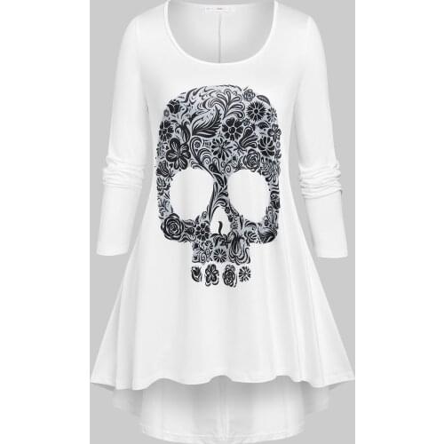ROSEGAL Gothic White Women Tops Plus Size Skull Print High Low Halloween T-Shirt Fashion Casual Loose T Shirts Ladies Streetwear