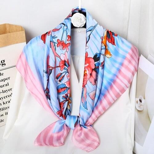 Women Sun Proof Beach Shawl Flower Printed Elegant Square 90x90cm Hijab Bandana Imitated Silk Scarf Foulard