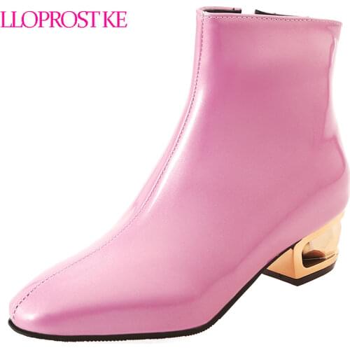 Lloprost ke Crystal Heel Blue Pink Black Patent Leather Pu Ankle Boots for Women Fashion Square Toe Ladies Shoes Party Plus Size