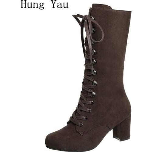 Women Mid-Calf Martin Boots Round Toe High Heels Pumps Lace Up Fashion Autumn Winter Casual Shoes Female Solid Plus Size 35-43