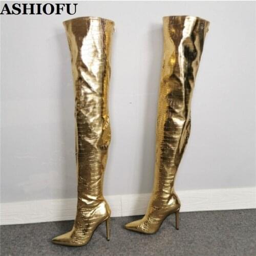 ASHIOFU New Real Pictures Womens High Heel Boots Elegant Sexy Stripper Club Thigh High Boots Evening Fashion Winter Boots Shoes