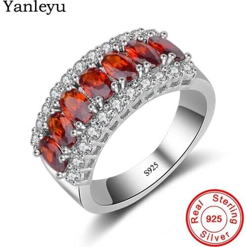 Yanleyu Genuine 925 Sterling Silver Engagement Ring 7pcs Garnet Red Cubic Zirconia Wedding Bands Jewelry Rings for Women PR164
