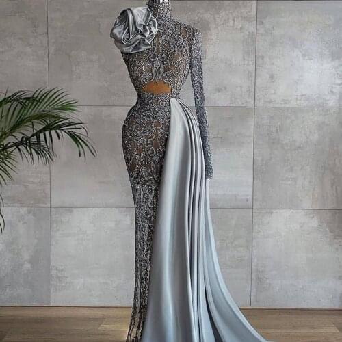 Glamous Silver Grey Evening Dress 2021 See Thru Lace Beading Mermaid Prom Gowns With Overskirt Pleat vestido de novia