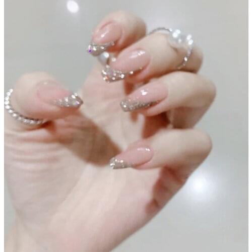 24 Pcs Glitter Wearable French False Nails Ballerina Pink Detachable Fake Nails Full Cover Nail Tips with Glue Hot Sale