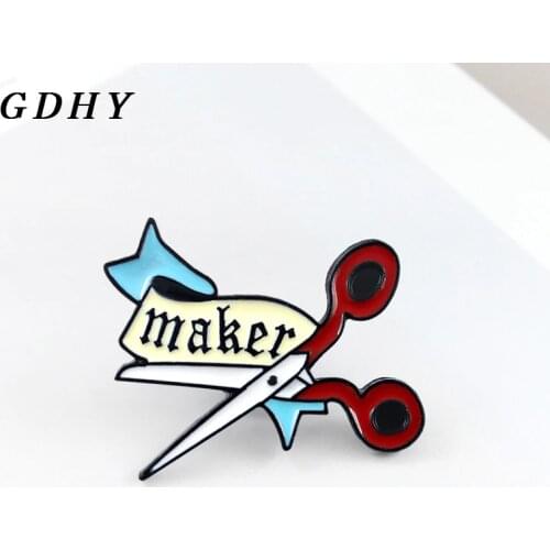 GDHY Scissors MAKER Brooch Red Scissors Blue Ribbon Button Enamel Pins Backpack Hat Badge For Friends Kids Artist Jewelry