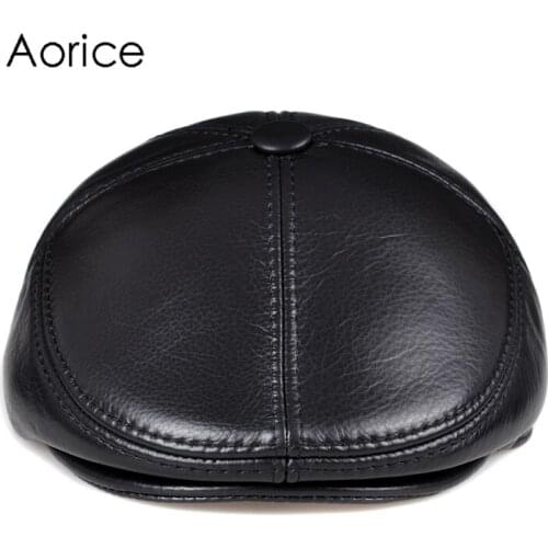 Aorice Genuine Real Leather Black Men Berets Cap High Quality Fashion Mens Adult Striped Adjustable Hats Caps Luste Baret HL093