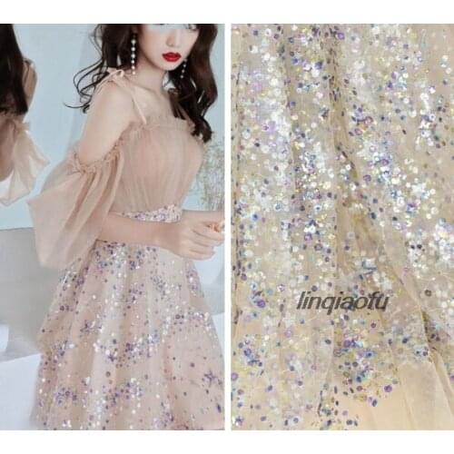 Color sequin embroidery transparent mesh fabric dress dress diy material handmade decorative cloth