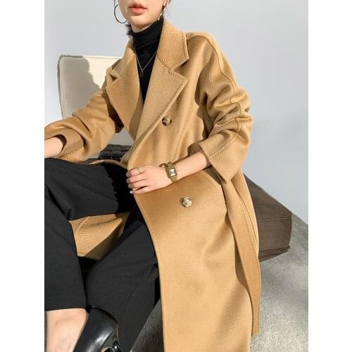 Water ripple double-sided cashmere coat womens classic double breasted 100% wool coat mismill