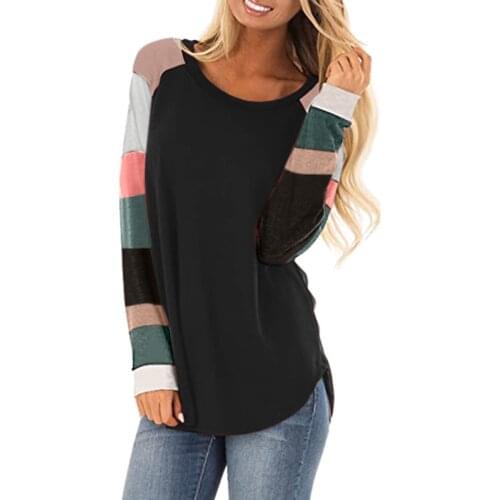 Holiday Style Tshirts Ladies Casual Stripe Patchwork Tops Summer Hem Loose Crew Neck Pullover Harajuku Long Sleeve T Shirts Tees