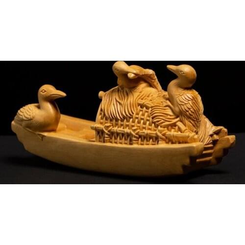 Boxwood Carving Room Solid Wood Chinese Style Home Creative Carving Crafts Cormorants Osprey Bamboo Raft Boat Tea Decoration
