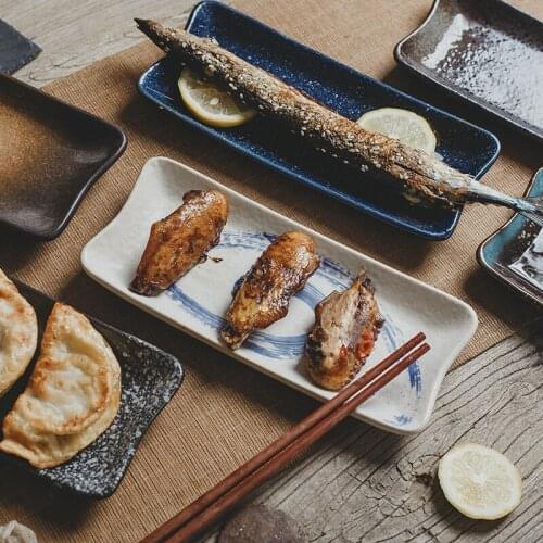 8 Inch Japanese Art Retro Ceramic Sushi Dessert Dish Household Rectangular Seasoning Dip Barbecue Snack Plate Kitchen Tableware