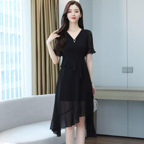Korean style summer The New Temperament Chiffon Dress V Neck irregular Womens fashion Dress Large size