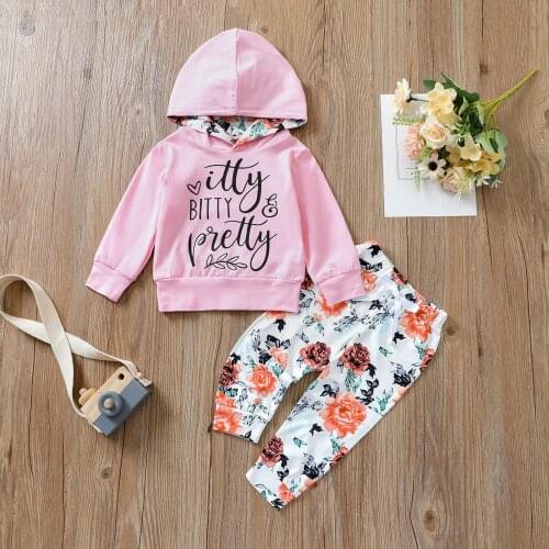 Baby Girl’s T-shirt and Trousers Suit Fresh Letter Long Sleeve Hoodies and Flower Long Pants