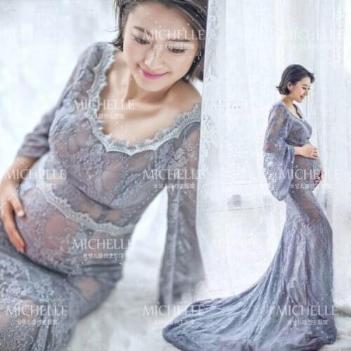 Maternity Pregnant women Photography Props Gray Beautiful Long trailing Lace Fairy Dress Princess Photo Shoot See-through