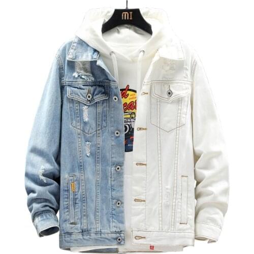 2021 New Chic Ripped Contrast Color Two Tones Patchwork Denim Coat Jean Jacket for Men